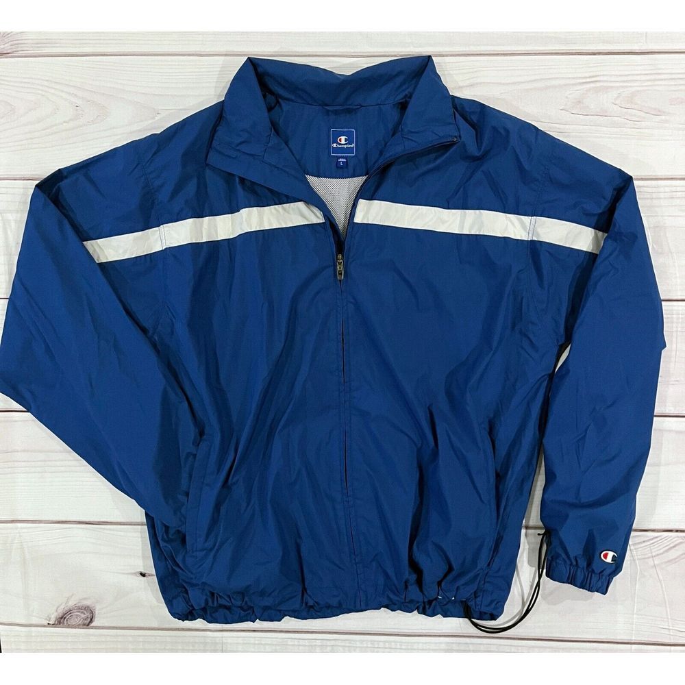 Champion Windbreaker Run Jacket Mens Large Blue Mesh Lined Long Sleeve Full Zip